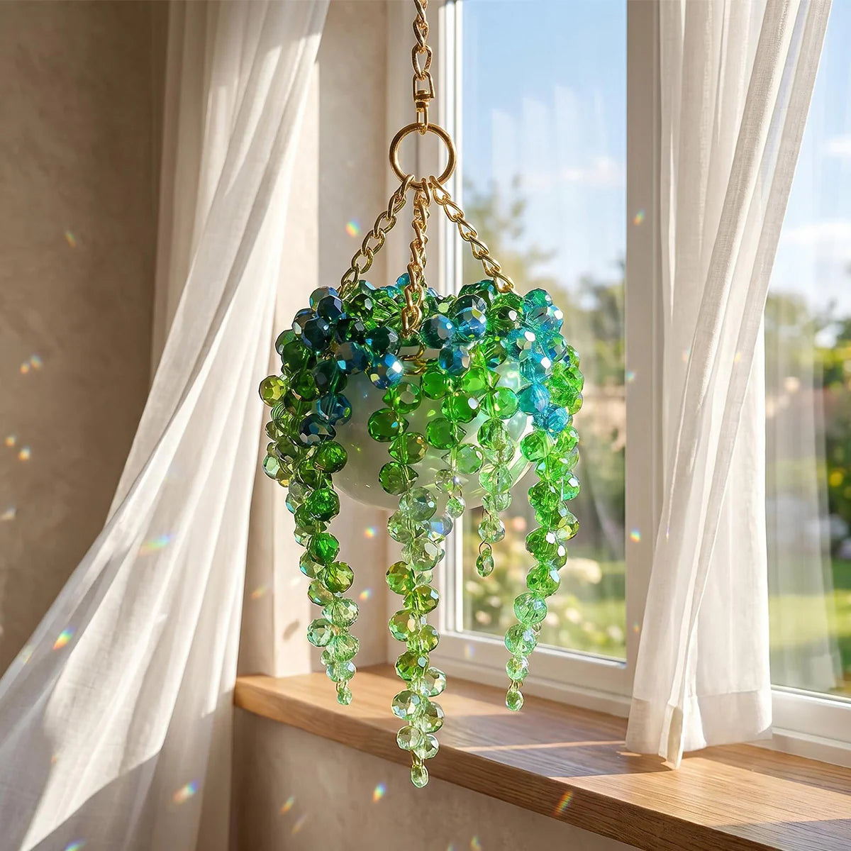 Crystal Glow: Longer Strand Beaded Plant Suncatcher - Add Whimsy to Your Window 🏠💫