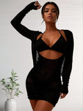 2026 New Black Halter Bikini + Hollow Out Knit Cover Up Dress 2 Piece Set, Sexy Sun Protection Vacation Swimwear