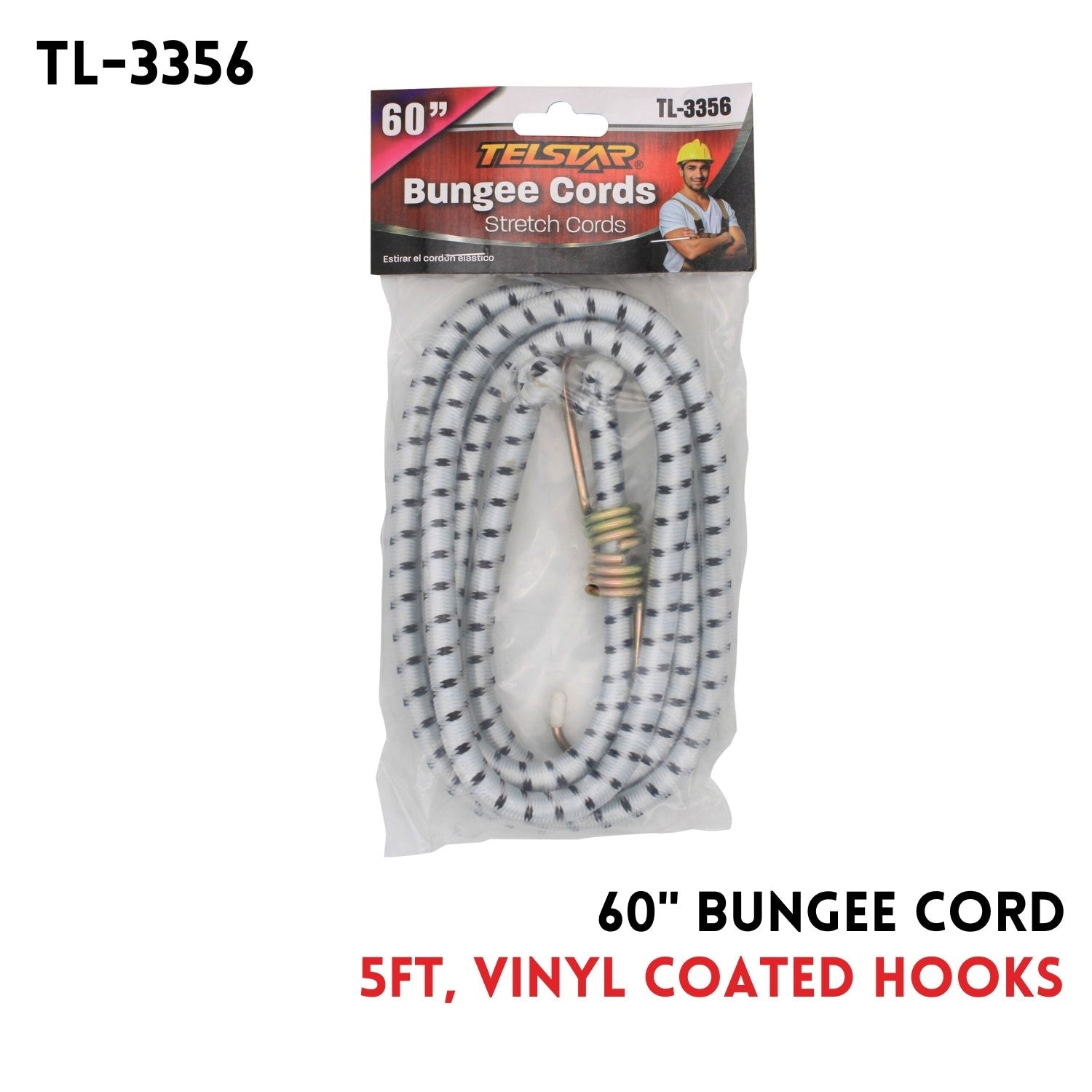 60-inch (5-foot) elastic rope with rubber-coated hooks, outdoor binding elastic rope, luggage securing bungee rope