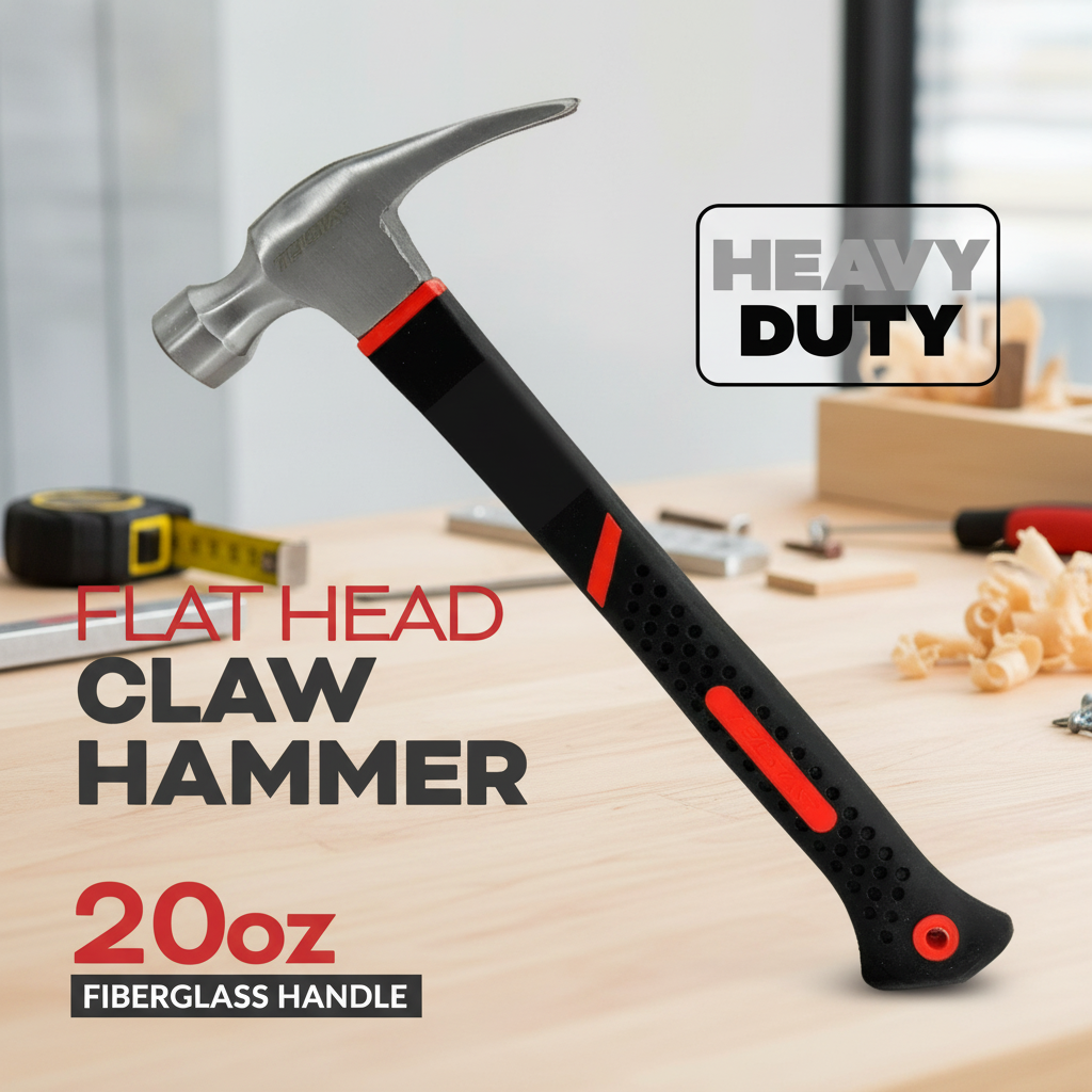 20 oz High-Strength Fiberglass Handle Claw Hammer, Flat-Head Non-Slip Nail Puller, Household/Industrial Grade Hammer