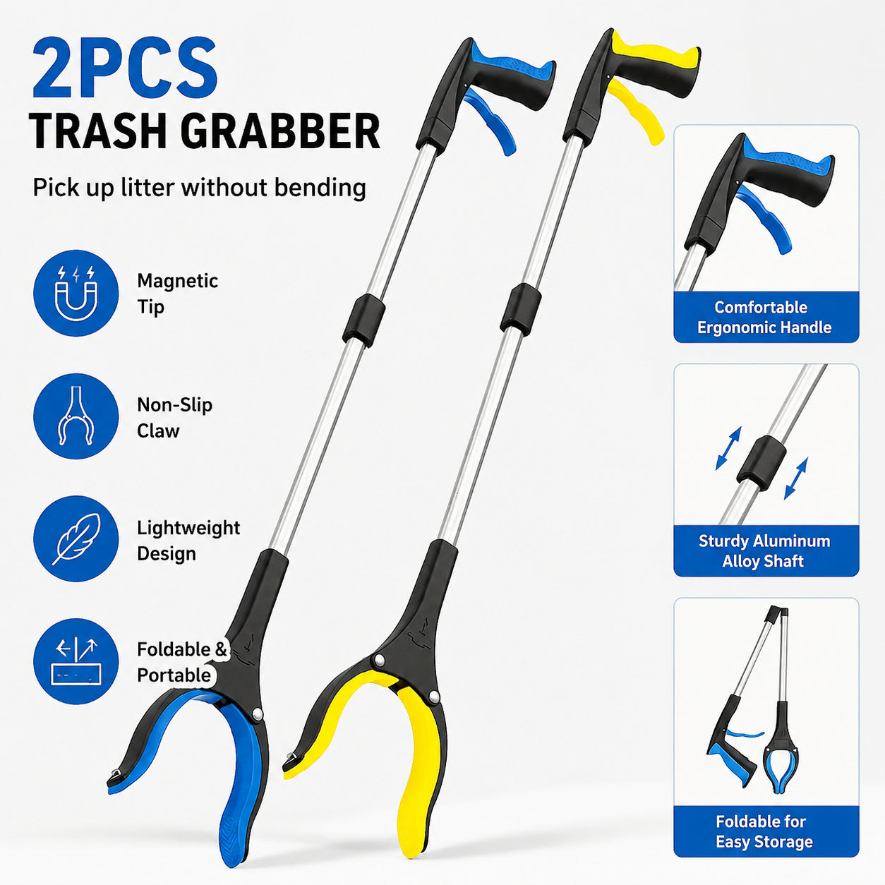 Handheld long-handled trash picker, household and outdoor cleaning and item retrieval, two-pack