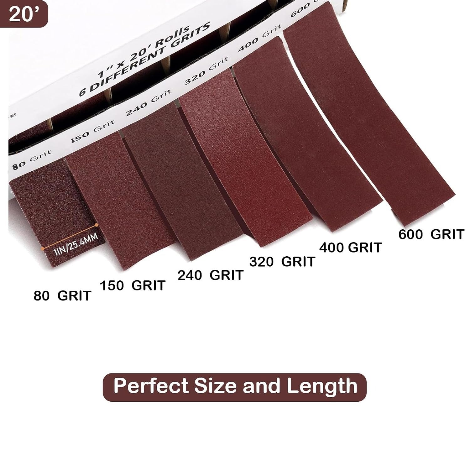 Sandpaper rolls, 6 grit sizes, 1 inch x 20 ft sandpaper rolls, 80/150/240/320/400/600 grit sandpaper sets, wet and dry sandpaper, suitable for metal, automotive, furniture, and wood.