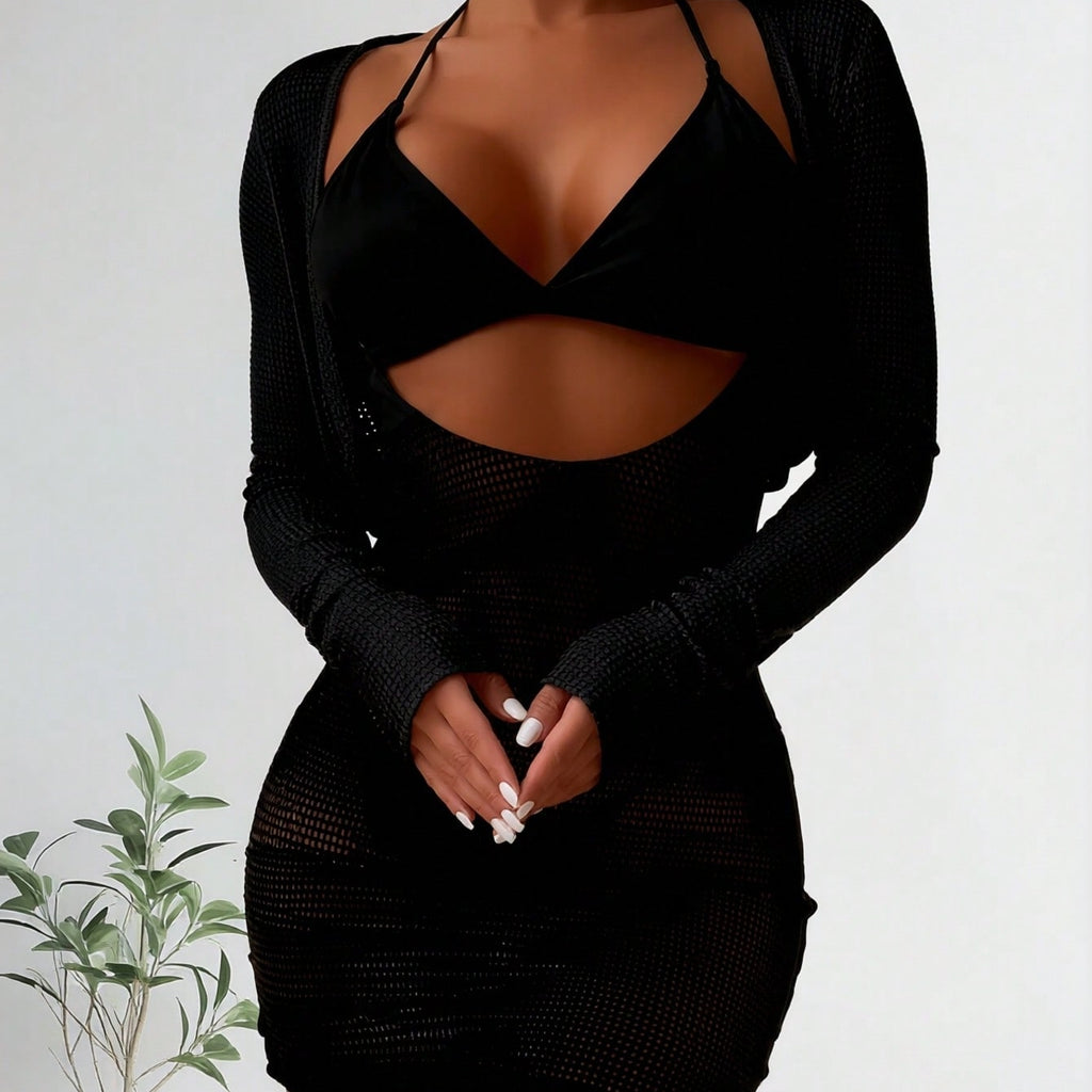 2026 New Black Halter Bikini + Hollow Out Knit Cover Up Dress 2 Piece Set, Sexy Sun Protection Vacation Swimwear