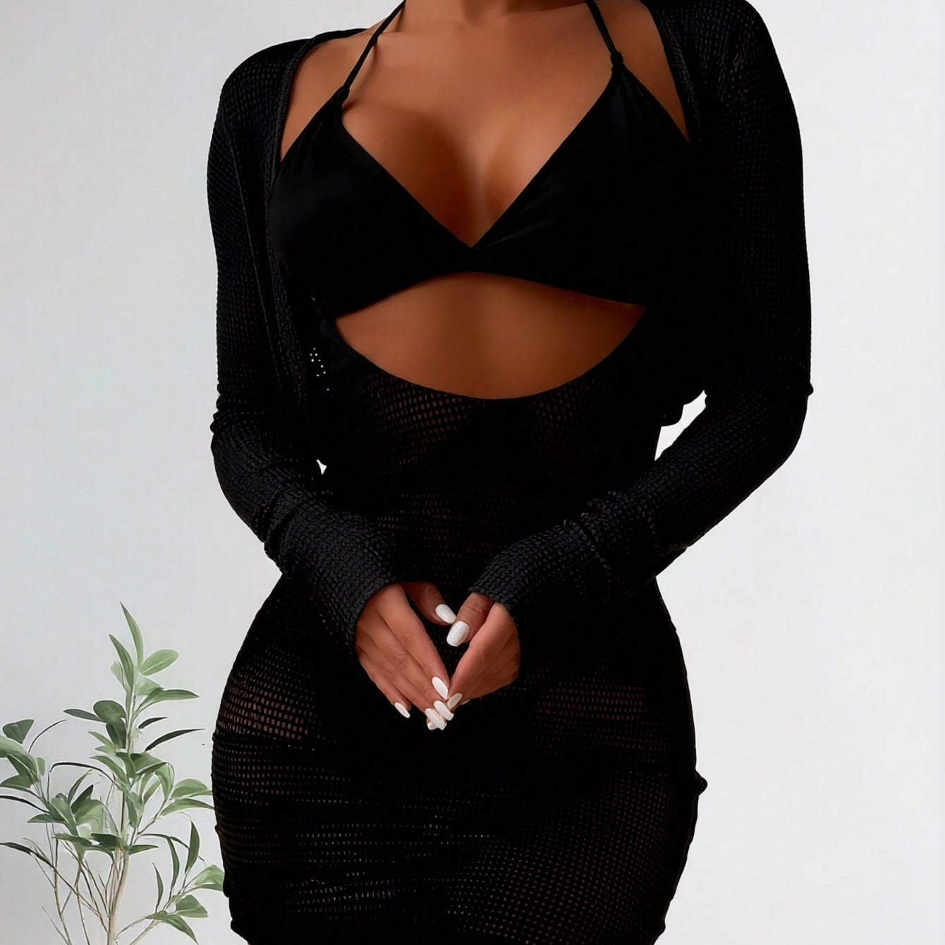 2026 New Black Halter Bikini + Hollow Out Knit Cover Up Dress 2 Piece Set, Sexy Sun Protection Vacation Swimwear
