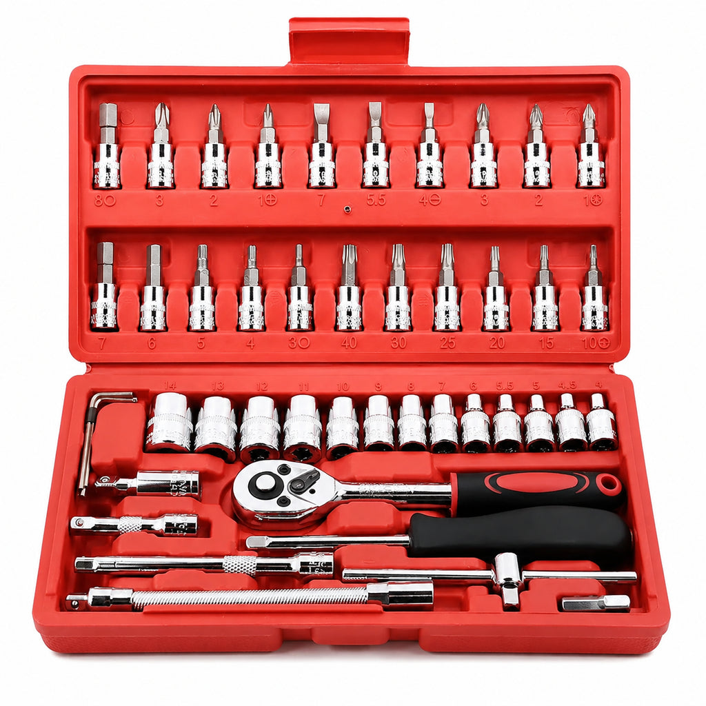 46-piece ratchet wrench and socket tool set, a multi-functional hand tool combination for home repair.