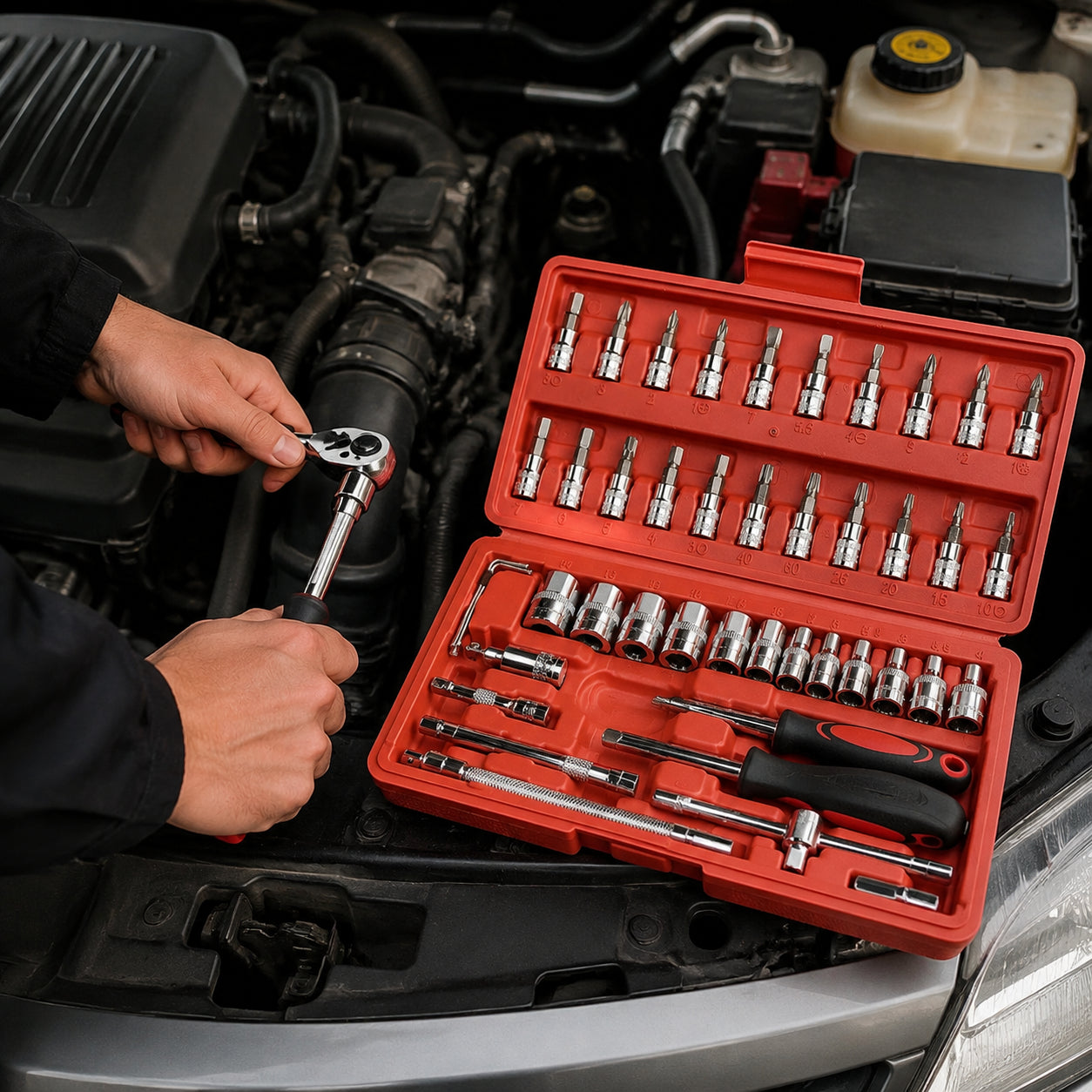 46-piece ratchet wrench and socket tool set, a multi-functional hand tool combination for home repair.