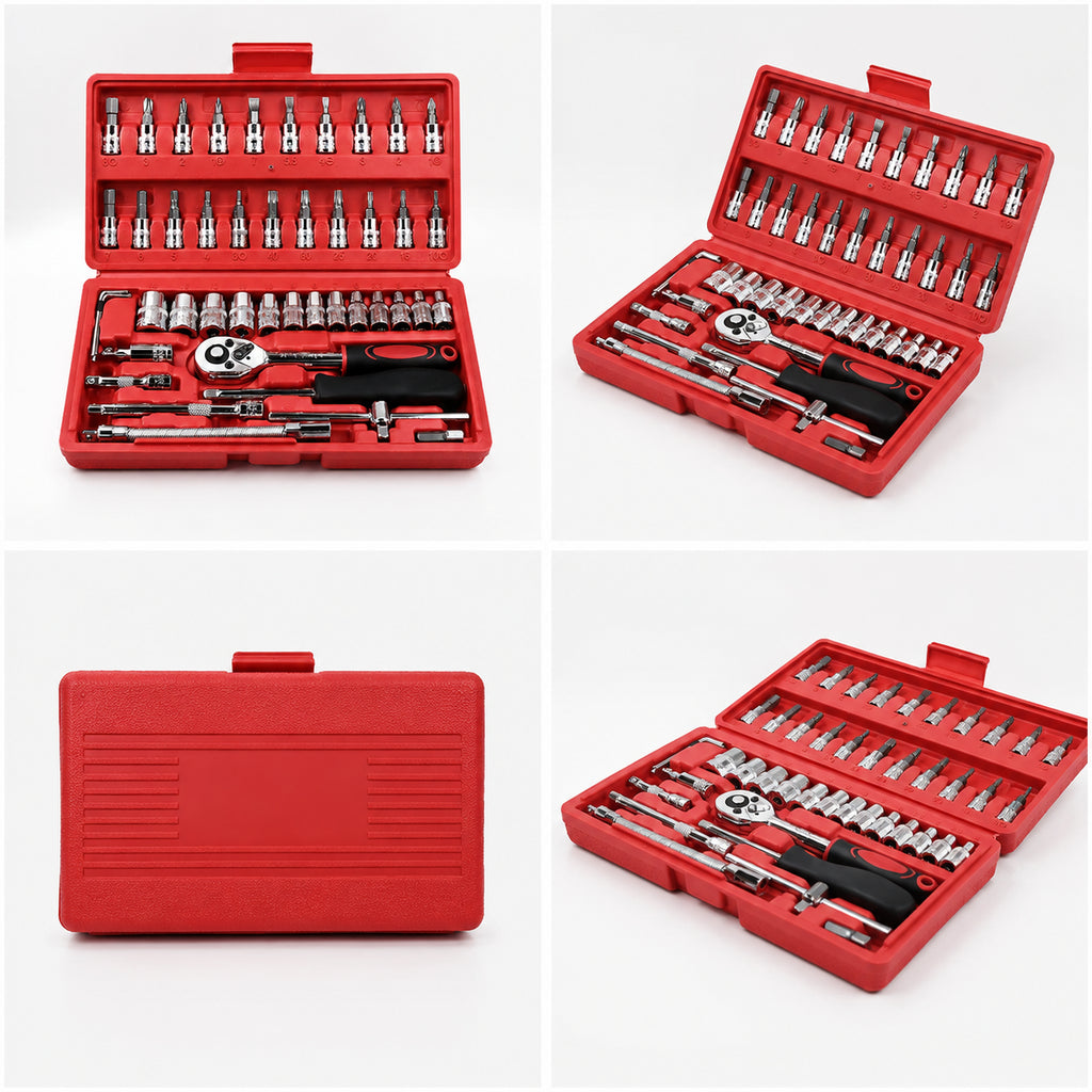 46-piece ratchet wrench and socket tool set, a multi-functional hand tool combination for home repair.