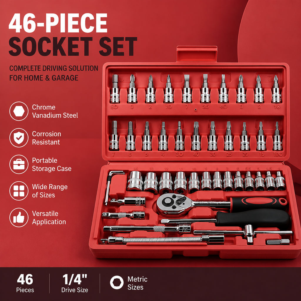 46-piece ratchet wrench and socket tool set, a multi-functional hand tool combination for home repair.