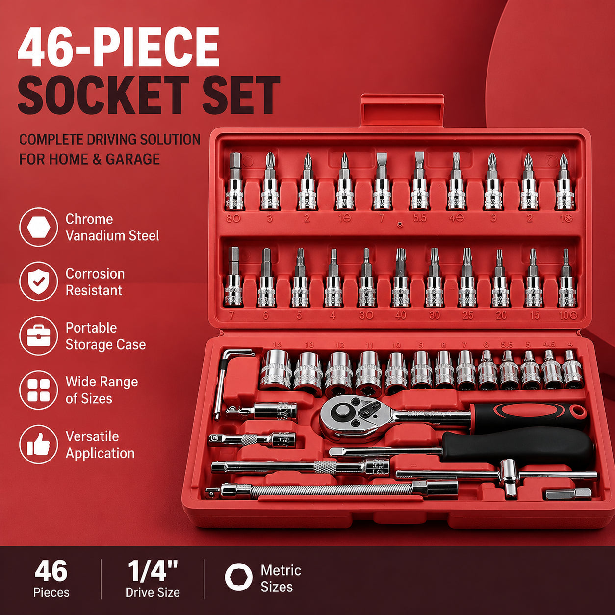 46-piece ratchet wrench and socket tool set, a multi-functional hand tool combination for home repair.