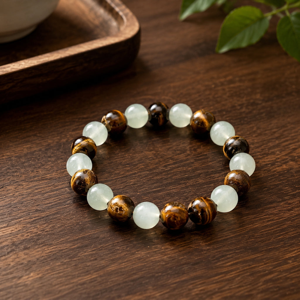 Natural Tiger's Eye White Chalcedony Bead Bracelet - Simple, Versatile, Unisex