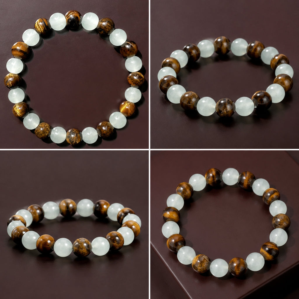 Natural Tiger's Eye White Chalcedony Bead Bracelet - Simple, Versatile, Unisex