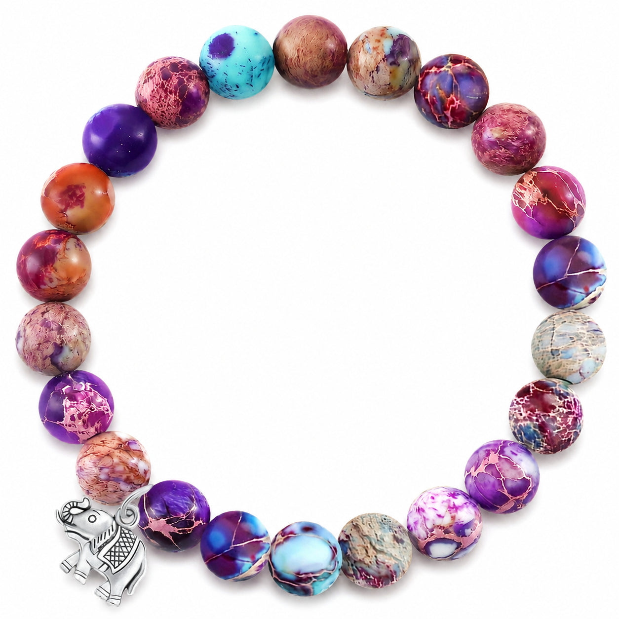 Natural stone bracelet with colorful round beads and elephant pendant, comes with a blessing card. A gift for women.