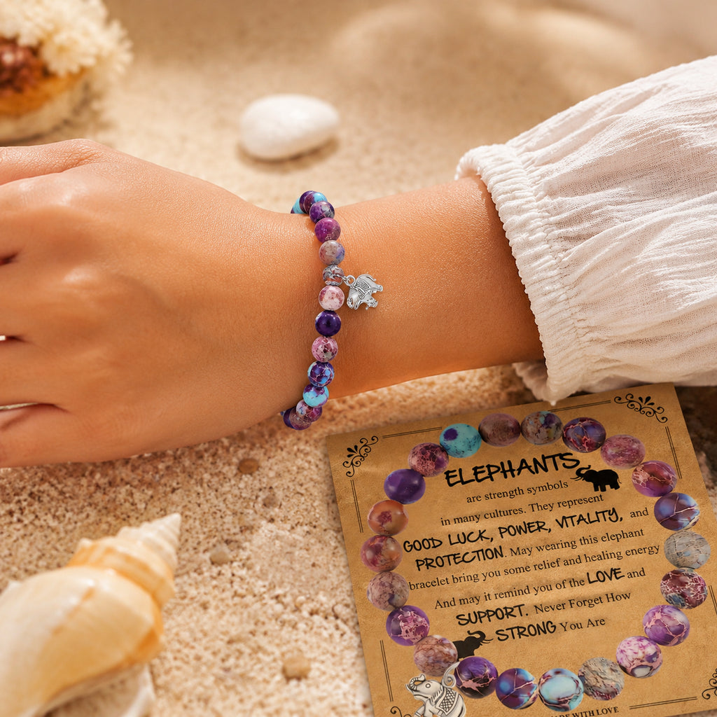 Natural stone bracelet with colorful round beads and elephant pendant, comes with a blessing card. A gift for women.