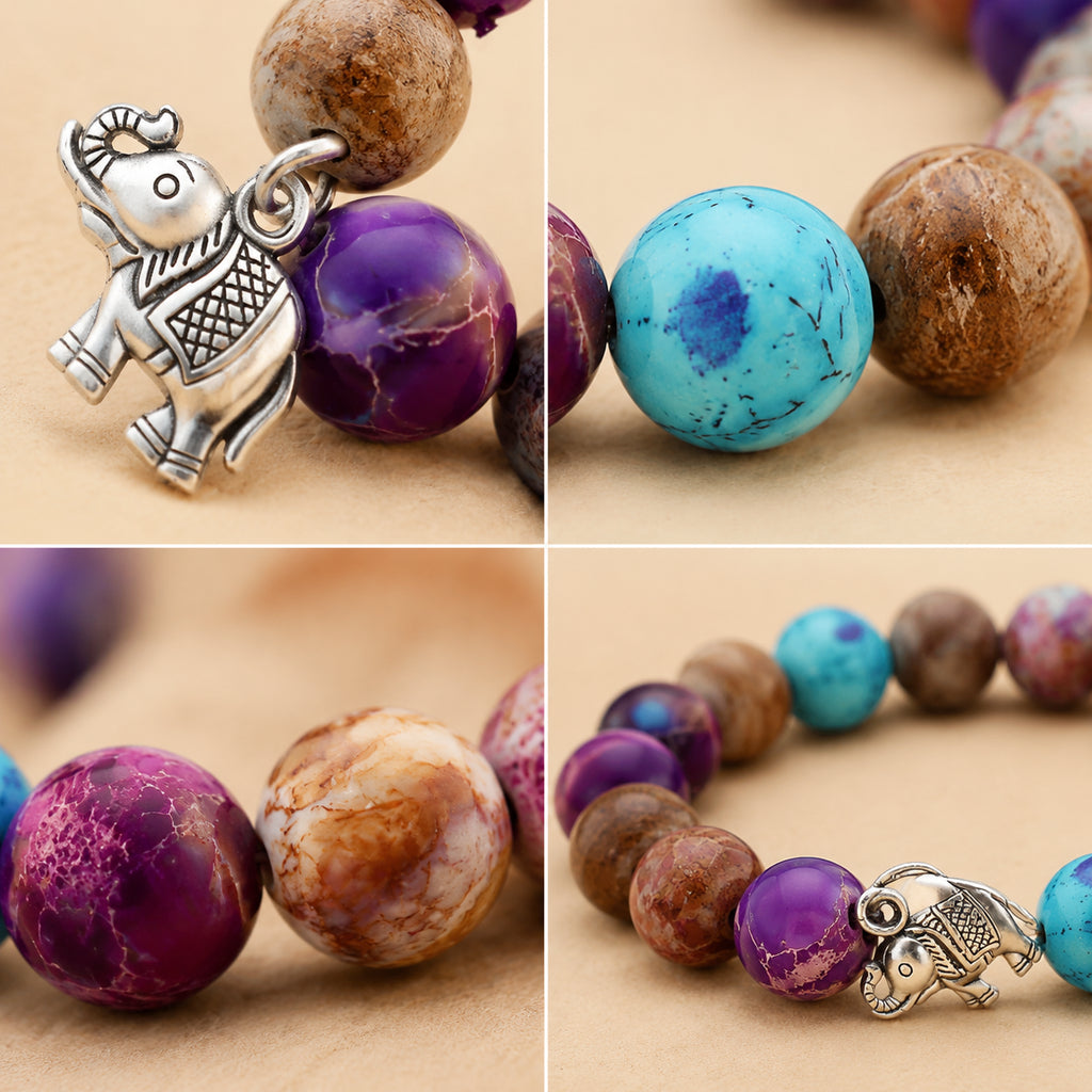 Natural stone bracelet with colorful round beads and elephant pendant, comes with a blessing card. A gift for women.