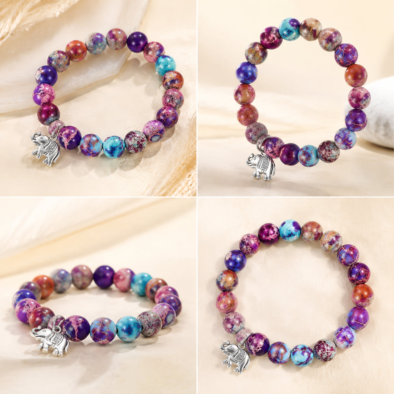 Natural stone bracelet with colorful round beads and elephant pendant, comes with a blessing card. A gift for women.
