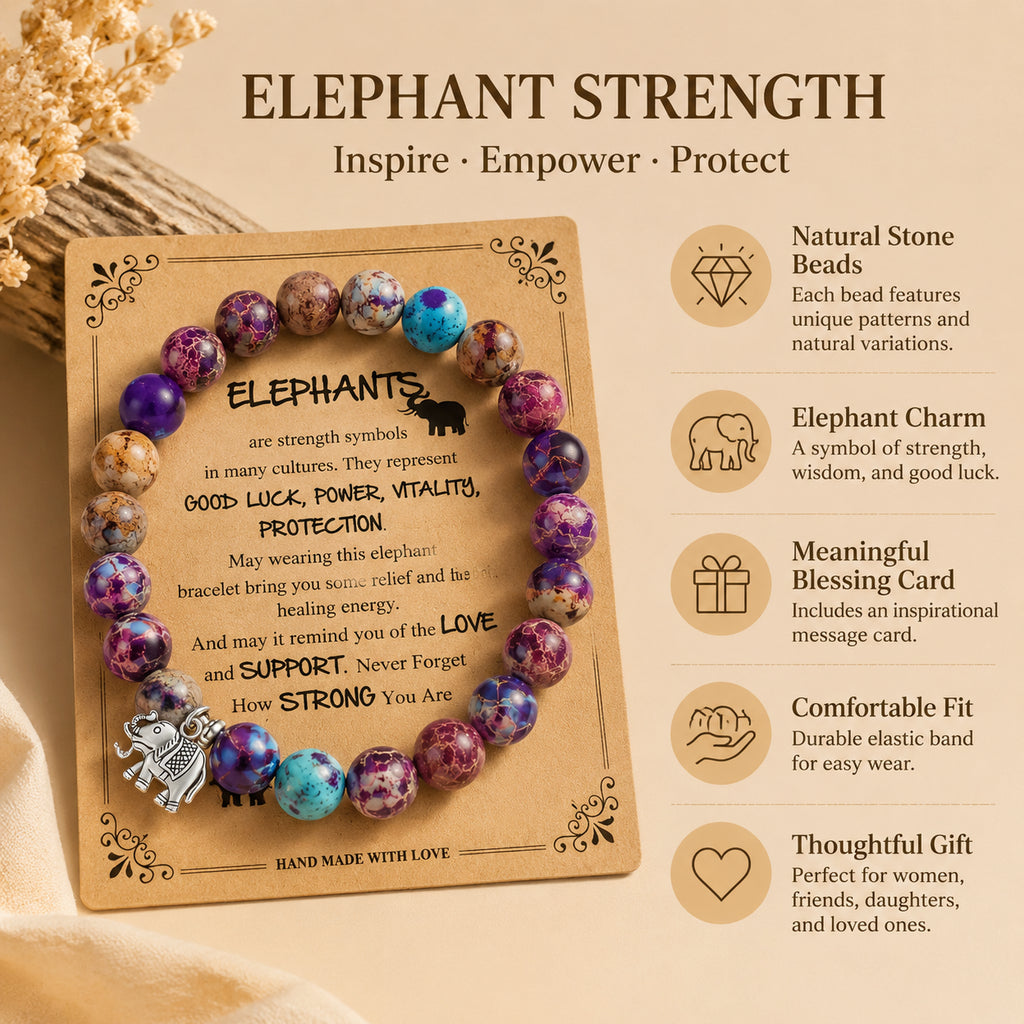 Natural stone bracelet with colorful round beads and elephant pendant, comes with a blessing card. A gift for women.