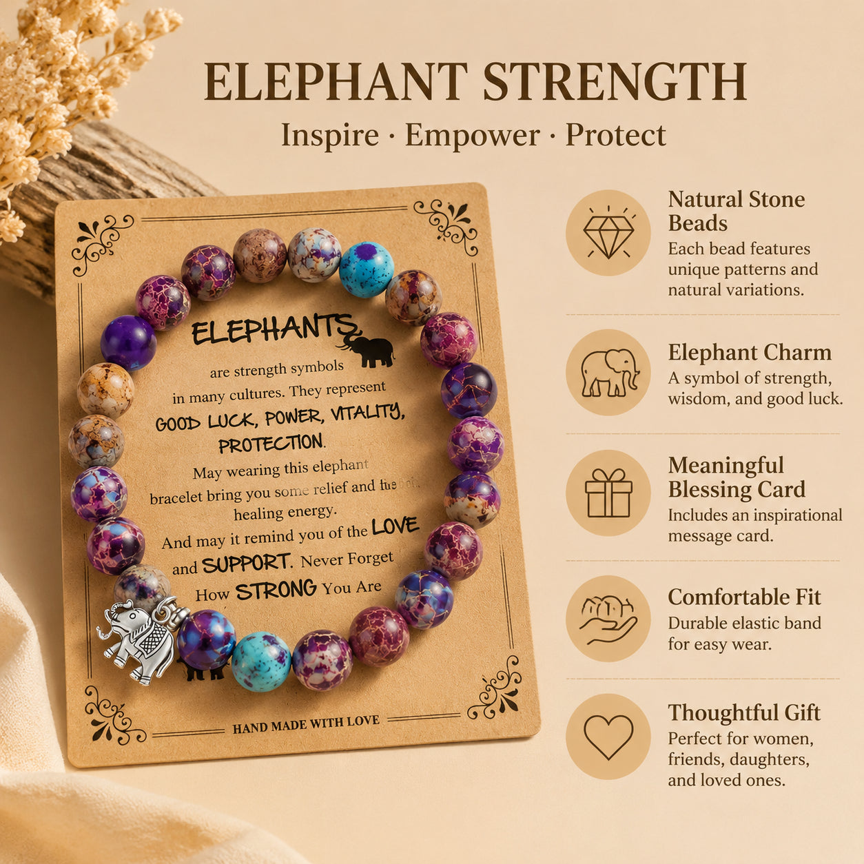 Natural stone bracelet with colorful round beads and elephant pendant, comes with a blessing card. A gift for women.