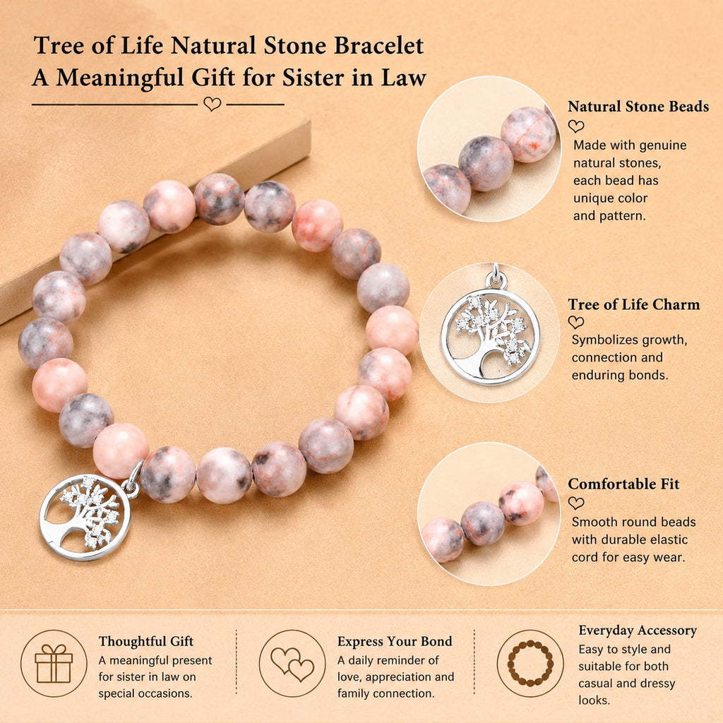 Natural stone bead bracelet, Tree of Life pendant, suitable as a gift for women, sisters-in-law, or other female companions.