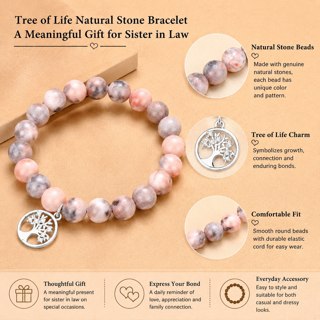 Natural stone bead bracelet, Tree of Life pendant, suitable as a gift for women, sisters-in-law, or other female companions.