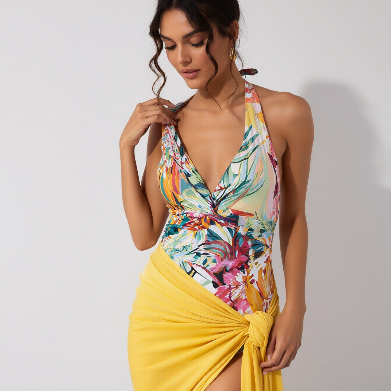 2026 New Women's Plant Print Two-Piece Deep V Neck Swimsuit, Vacation Beach Sun Protection Swimwear for Women
