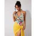 2026 New Women's Plant Print Two-Piece Deep V Neck Swimsuit, Vacation Beach Sun Protection Swimwear for Women