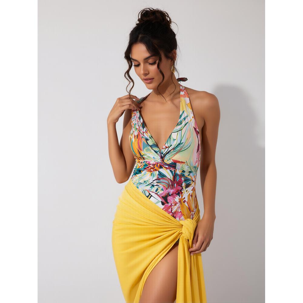 2026 New Women's Plant Print Two-Piece Deep V Neck Swimsuit, Vacation Beach Sun Protection Swimwear for Women
