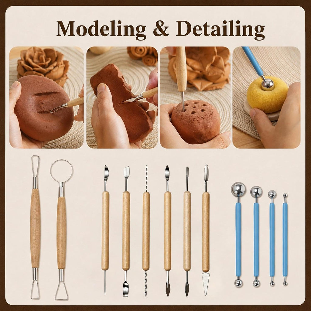 47PCS Pottery Tools Kit, Ceramic Tools, Clay Sculpting Tools | Stainless Steel Tools, Wooden Handles and Silicone Shapers for Sculpting and Carving, Ideal for Beginners and Artists