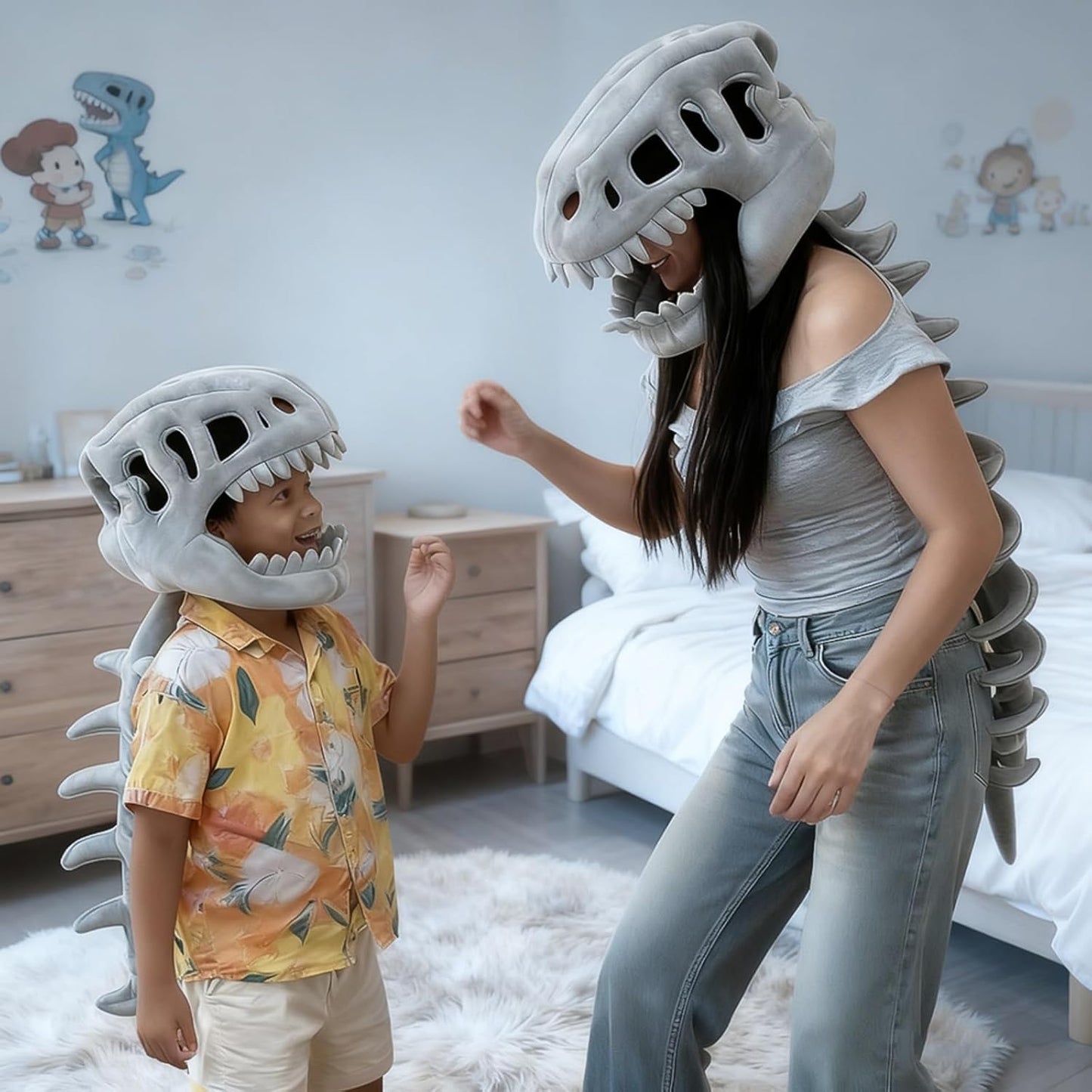 3D Dinosaur Skeleton Plush Helmet & Soft Spine Tail Costume Set