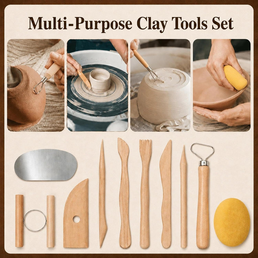 47PCS Pottery Tools Kit, Ceramic Tools, Clay Sculpting Tools | Stainless Steel Tools, Wooden Handles and Silicone Shapers for Sculpting and Carving, Ideal for Beginners and Artists