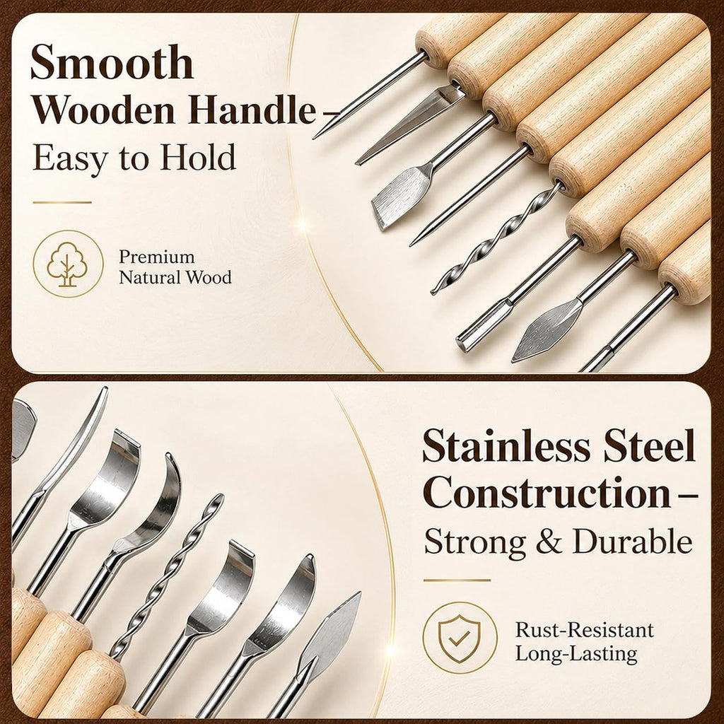 47PCS Pottery Tools Kit, Ceramic Tools, Clay Sculpting Tools | Stainless Steel Tools, Wooden Handles and Silicone Shapers for Sculpting and Carving, Ideal for Beginners and Artists