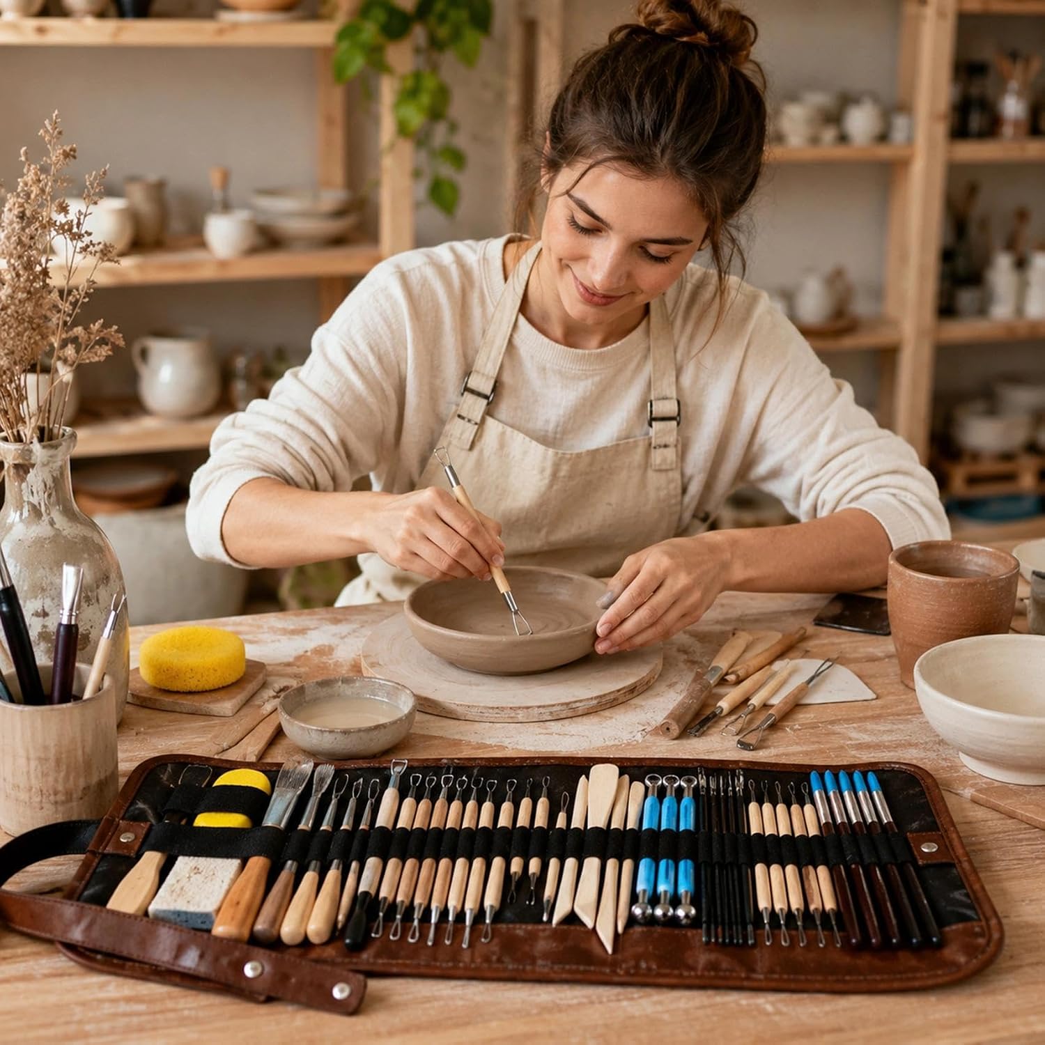 47PCS Pottery Tools Kit, Ceramic Tools, Clay Sculpting Tools | Stainless Steel Tools, Wooden Handles and Silicone Shapers for Sculpting and Carving, Ideal for Beginners and Artists