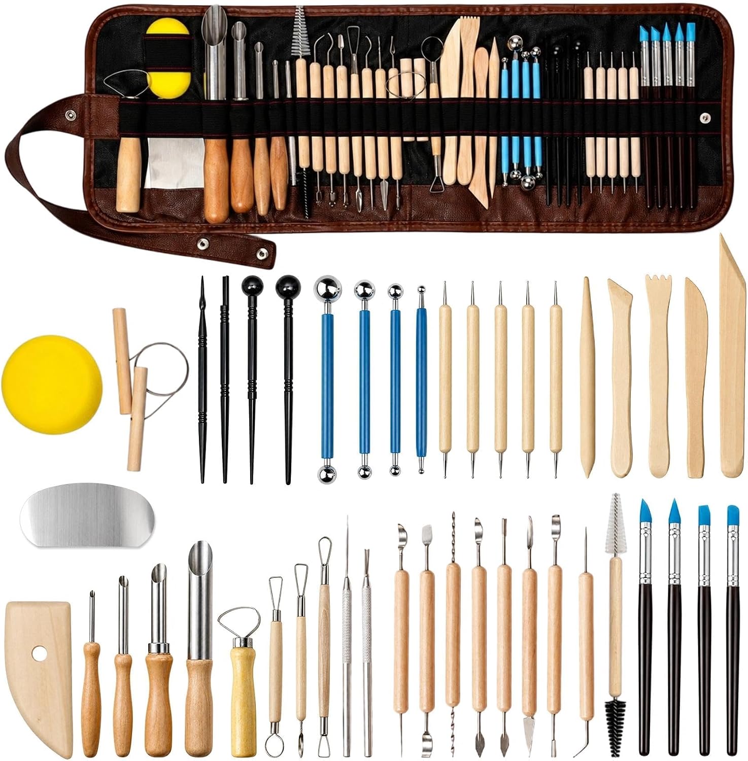 47PCS Pottery Tools Kit, Ceramic Tools, Clay Sculpting Tools | Stainless Steel Tools, Wooden Handles and Silicone Shapers for Sculpting and Carving, Ideal for Beginners and Artists