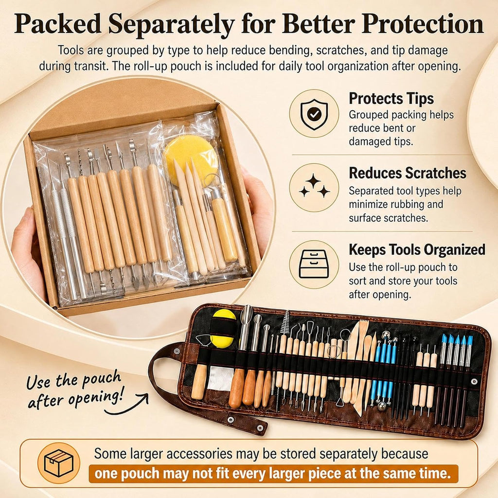 47PCS Pottery Tools Kit, Ceramic Tools, Clay Sculpting Tools | Stainless Steel Tools, Wooden Handles and Silicone Shapers for Sculpting and Carving, Ideal for Beginners and Artists