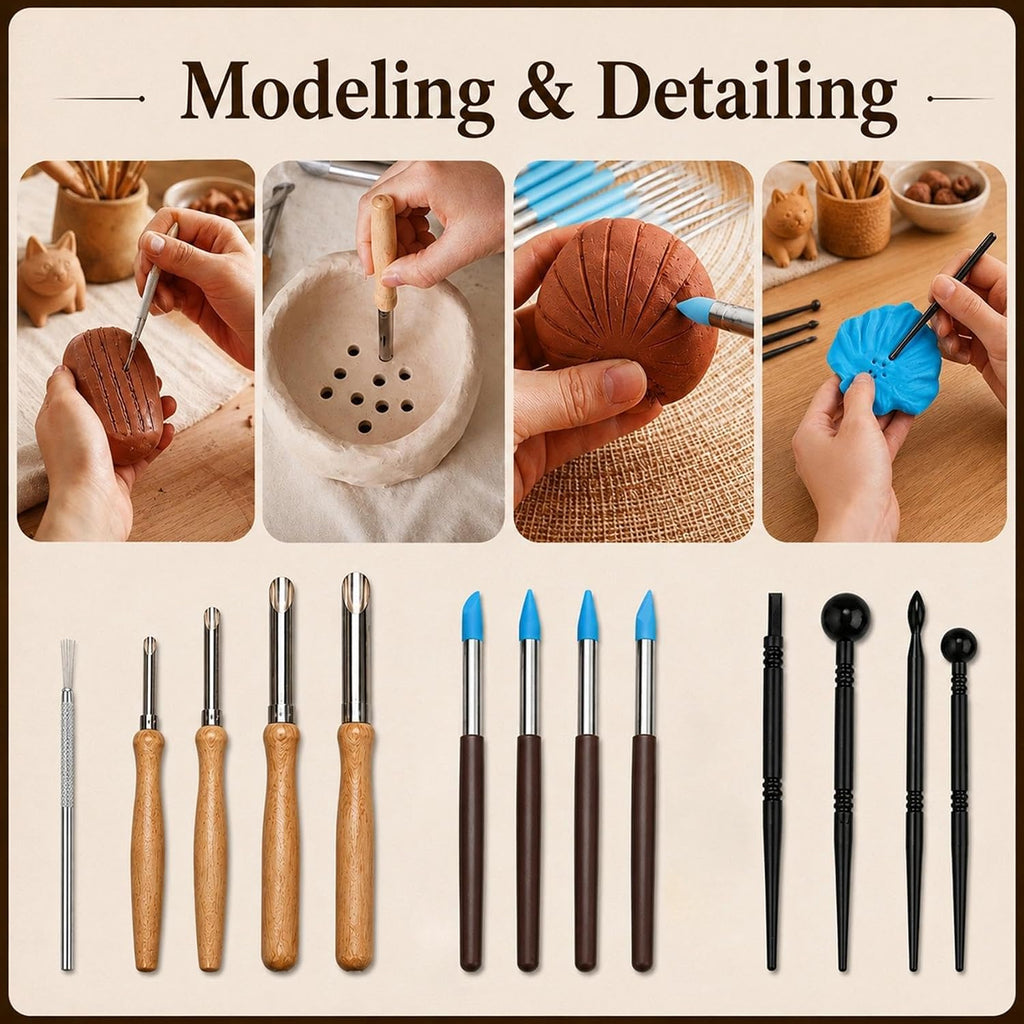 47PCS Pottery Tools Kit, Ceramic Tools, Clay Sculpting Tools | Stainless Steel Tools, Wooden Handles and Silicone Shapers for Sculpting and Carving, Ideal for Beginners and Artists