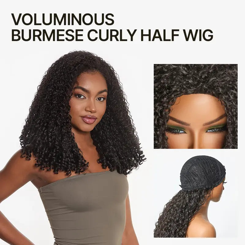 3-in-1 Curly Half Wig - 18" Glueless Burmese Spiral Curls