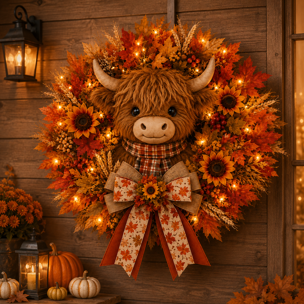 🍂🐮Autumn Highland cow wreath decoration with lights