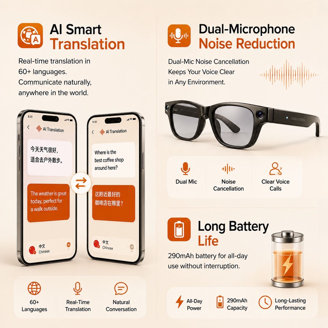 AI Smart Glasses - Camera 8 MP, Real-Time Translation, Navigation