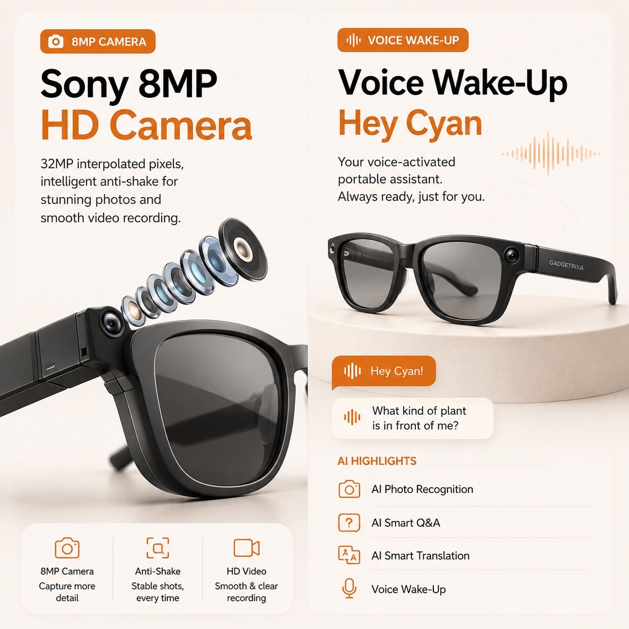 AI Smart Glasses - Camera 8 MP, Real-Time Translation, Navigation