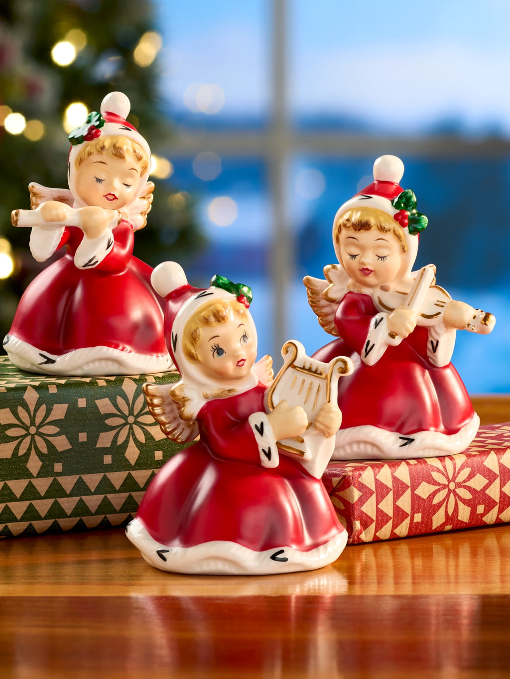 Christmas Ceramic Angel Musician Figurines, Set of 3